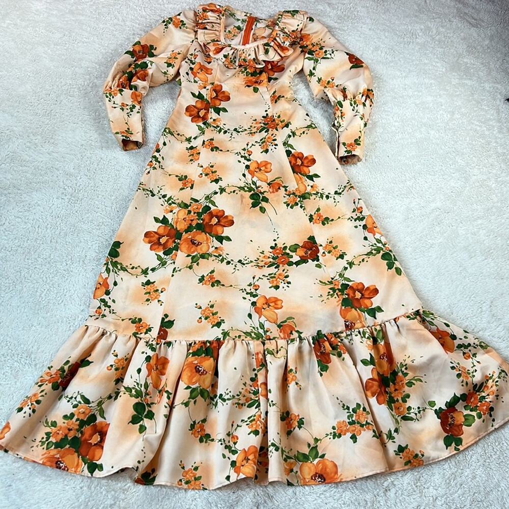 Vintage 70s does Victorian unbranded ruffled orange floral maxi dress, small - Picture 3 of 16